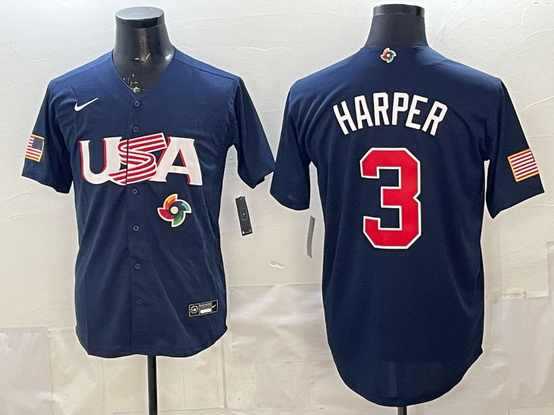 Men 2026 World Cub USA #3 Harper Blue Nike MLB Jersey style 006